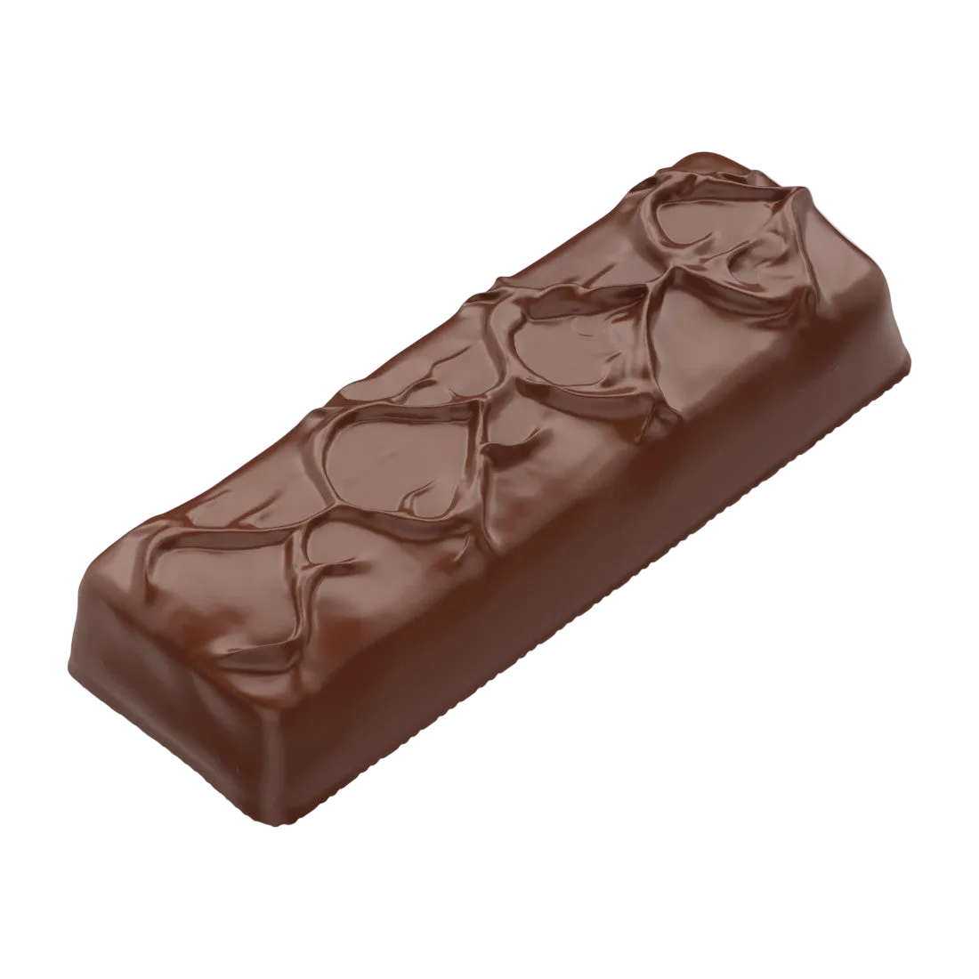 A rectangular chocolate bar with a glossy finish and decorative swirls on top, pictured on a white background.