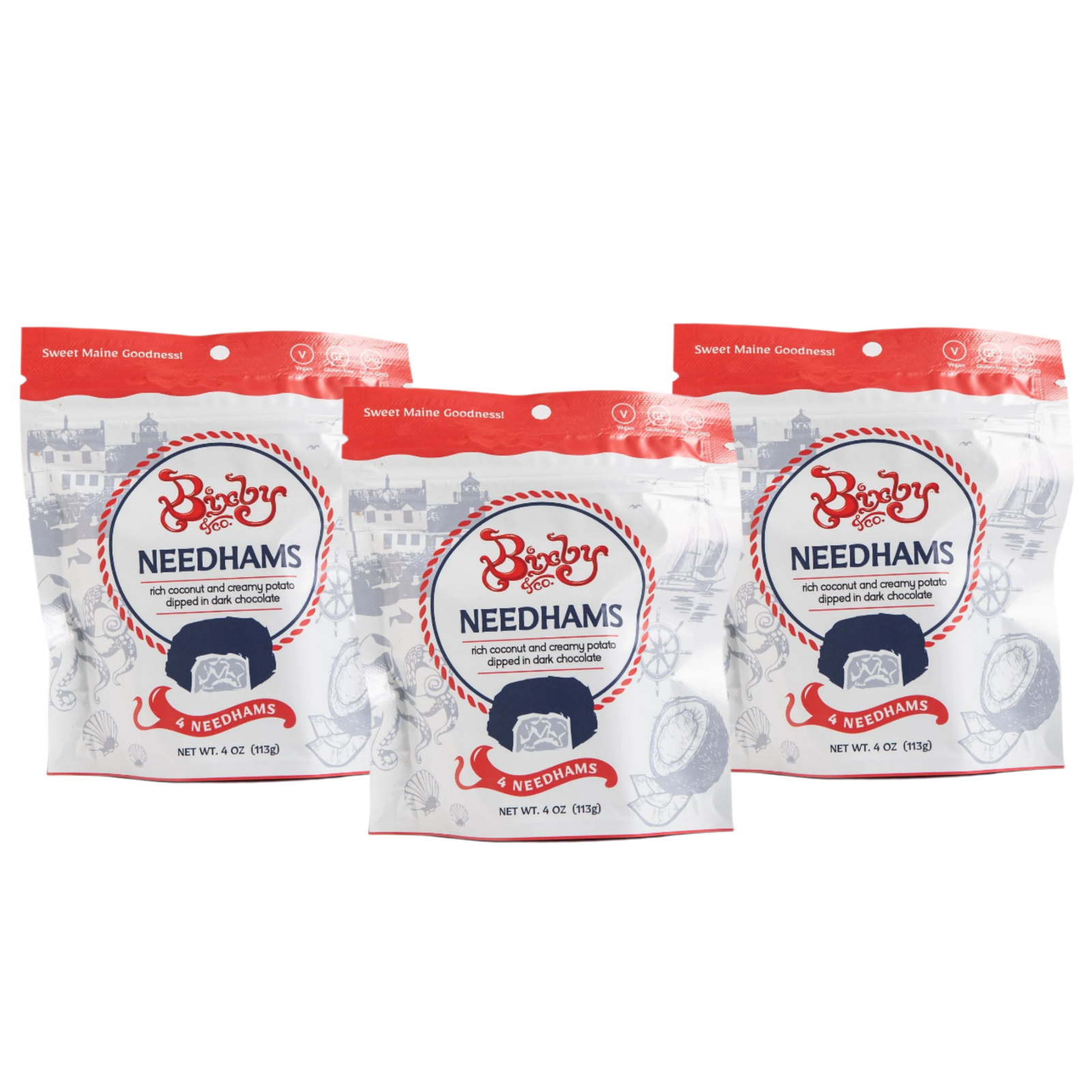 Three white and red bags of Bixby & Co. Needhams candy are displayed side by side. Each bag features an illustration of chocolate and coconut with Maine-themed graphics.