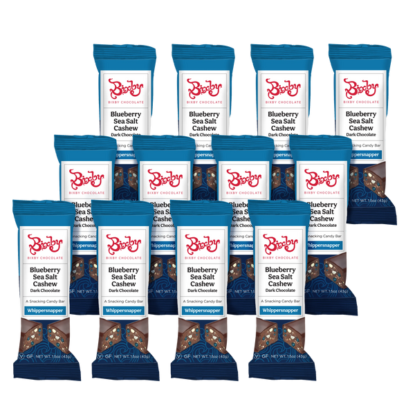 Twelve packages of Bixby Chocolates Whippersnapper® Dark Chocolate + Maine Blueberries + Maine Sea Salt (Vegan) are arranged in a grid against a white background, with blue packaging highlighting their handmade Maine origin.