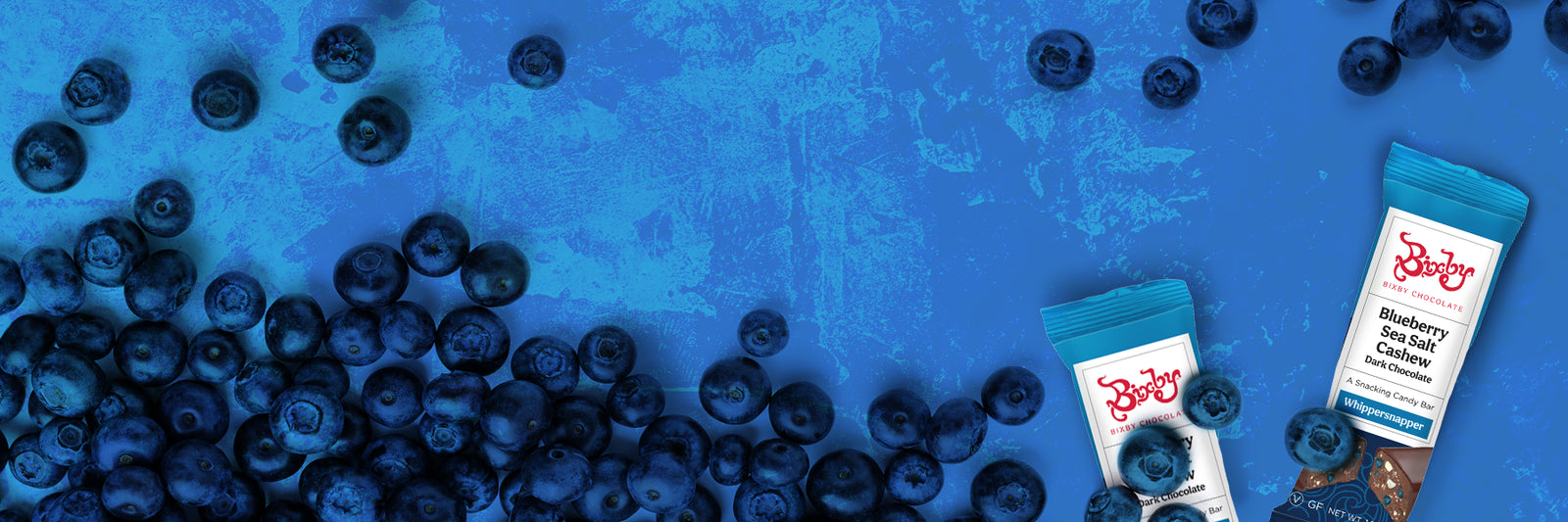 Scattered fresh blueberries and two Snackergy Blueberry & Sea Salt snack bars on a textured blue background.