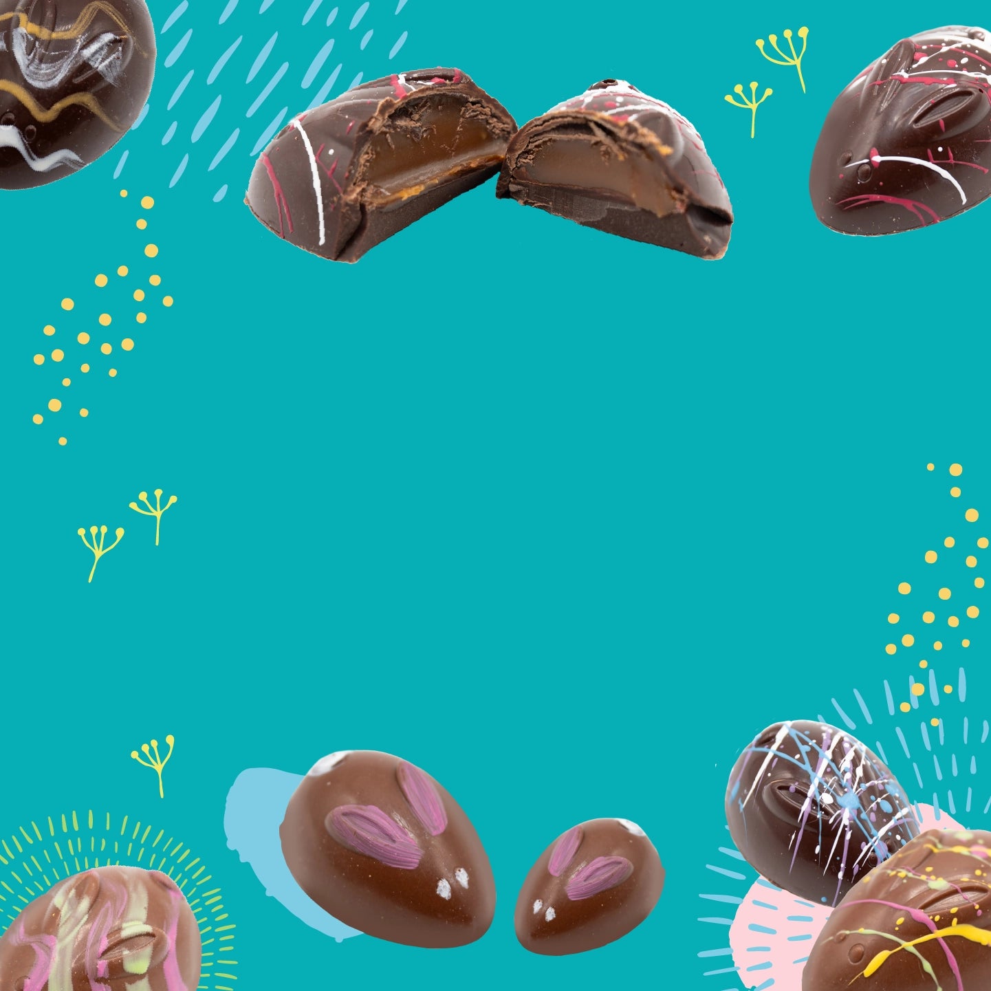 Assorted decorated chocolates arranged around a turquoise background with colorful abstract doodles and lines, creating a festive border with space in the center.