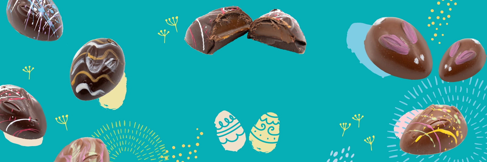 Illustrated aqua background with assorted decorated chocolate eggs scattered across and whimsical line drawings of flowers and Easter eggs in yellow and white.