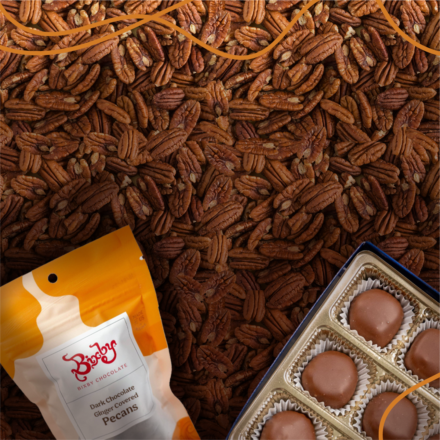 A background of numerous pecan nuts, with a bag of Beryls dark chocolate-covered pecans on the left and a box of chocolate-covered pecans in paper cups on the right.