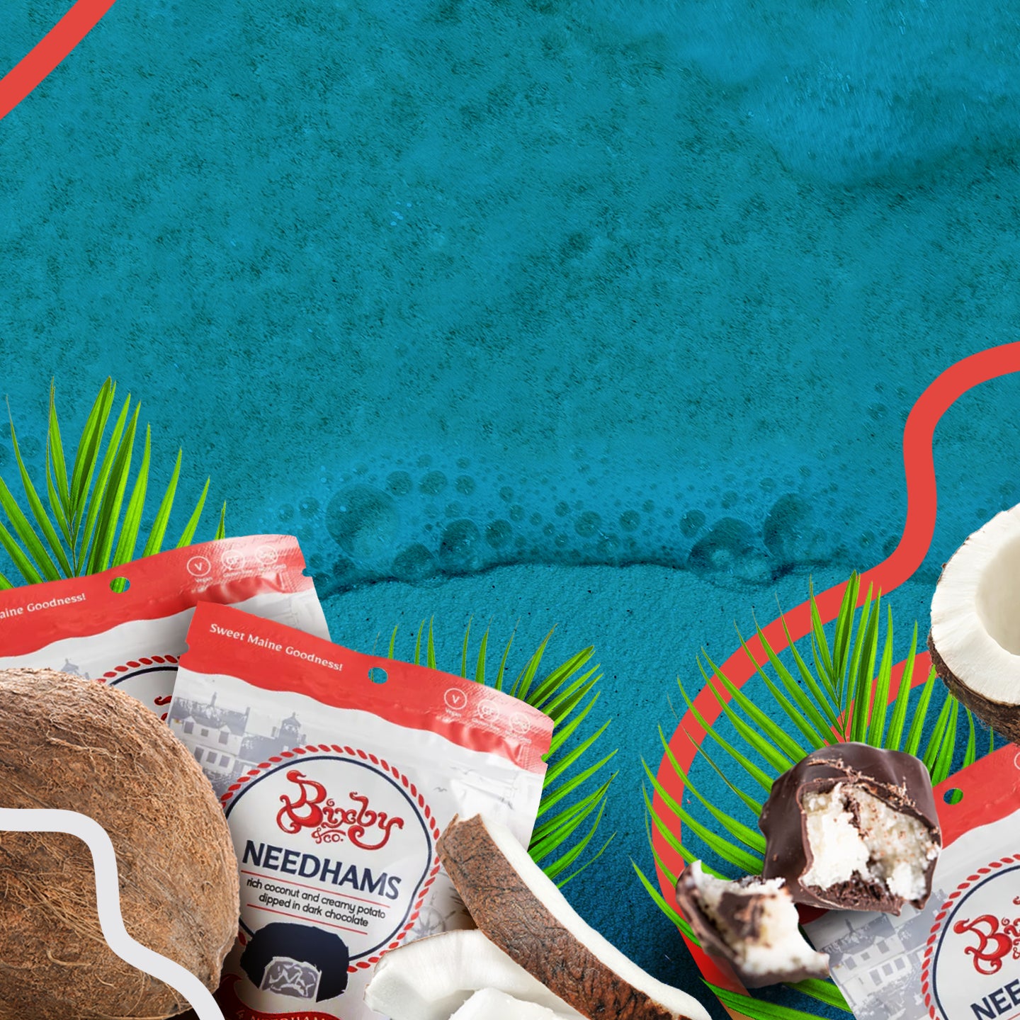 A tropical-themed image featuring coconut halves, palm leaves, and bags of Needhams candy with one candy bar cut open, all arranged against a vibrant blue background with red and white graphic lines.