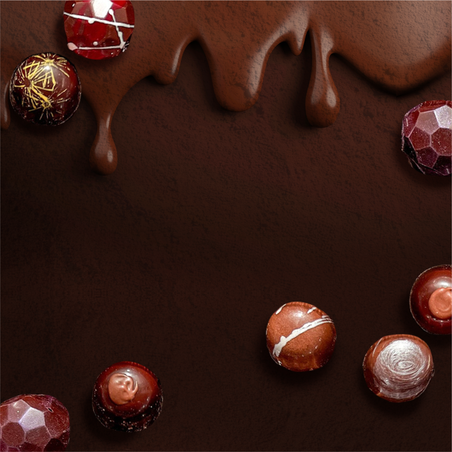 Assorted chocolate truffles on a dark brown surface with glossy melted chocolate dripping from the top, creating a rich, indulgent atmosphere.