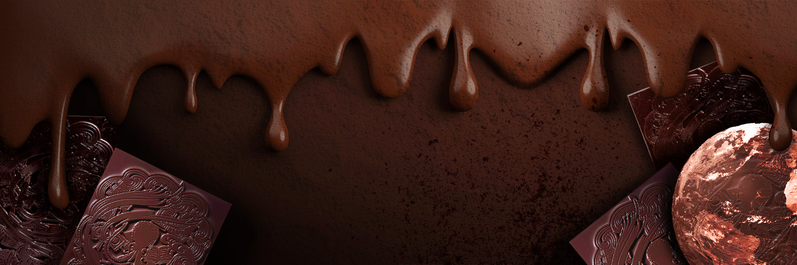 Dripping melted chocolate at the top, ornate chocolate bars and a round chocolate piece at the bottom, all set against a dark, rich chocolate background.