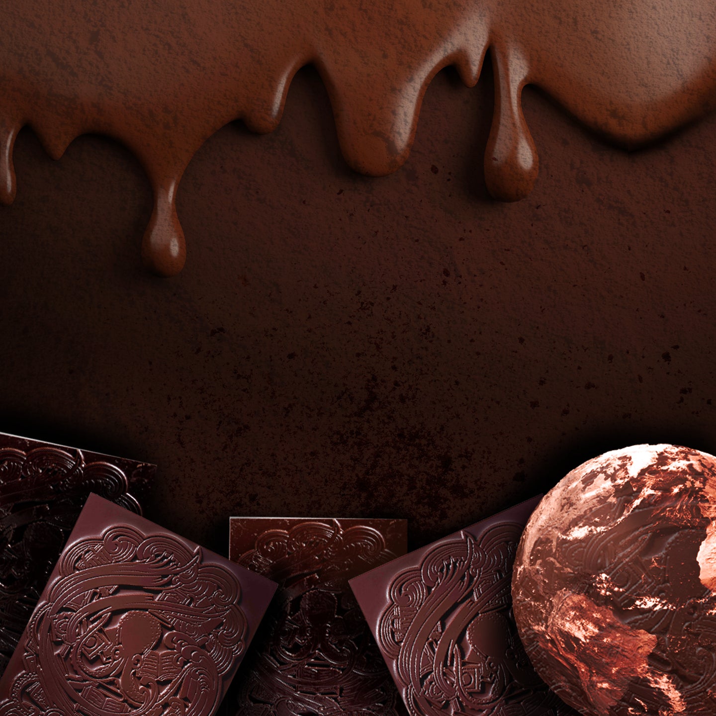 Dripping melted chocolate at the top, ornate chocolate bars at the bottom, and a round, textured chocolate sphere on the right, all set against a dark chocolate background.