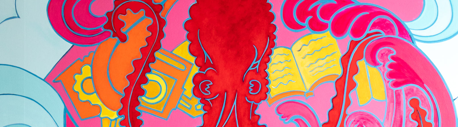 An image of a mural of an octopus holding books and bags in red, pink, yellow, orange, and blues.