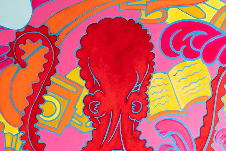 An image of a mural of an octopus holding books and bags in red, pink, yellow, orange, and blues.