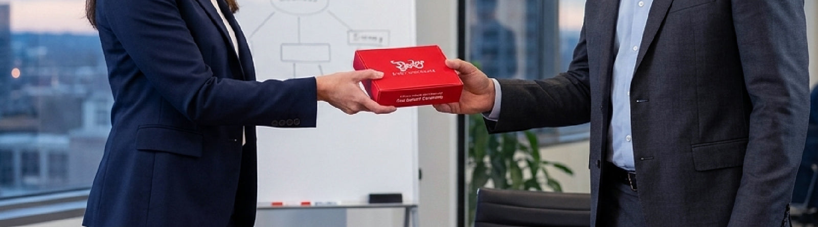 Businesswoman passing a red box of Bixby chocolate to a businessman in a corporate office.