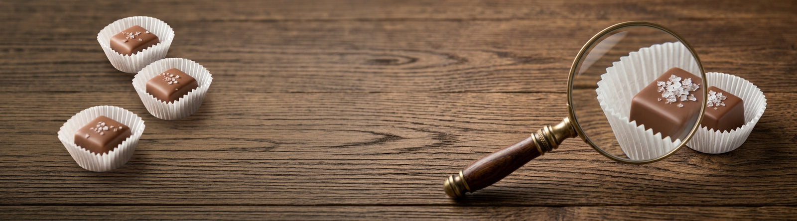 Magnifying glass on a wooden table focusing on a piece of chocolate.