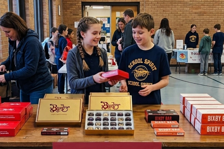 An image of kids fundraising at a school with boxes of Bixby chocolate.