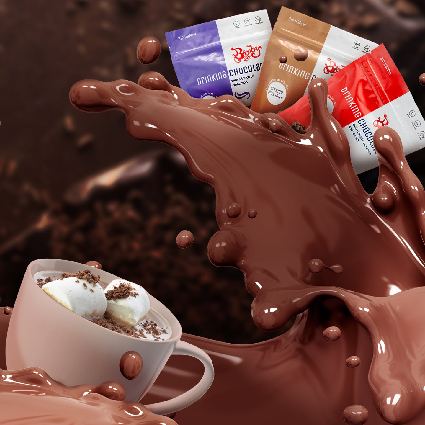 A cup of hot chocolate with marshmallows is surrounded by splashes of liquid chocolate. Above, four packets of drinking chocolate in different flavors are displayed. The background is a rich, chocolatey brown.