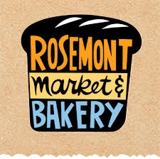 Logo for Rosemont Market & Bakery shaped like a loaf of bread with Rosemont in orange, market & in black, and Bakery in blue on a textured tan background.