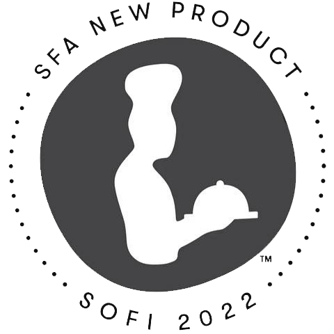 Black and white circular badge featuring a chef holding a covered dish in the center, surrounded by the text SFA New Product SOFI 2022.