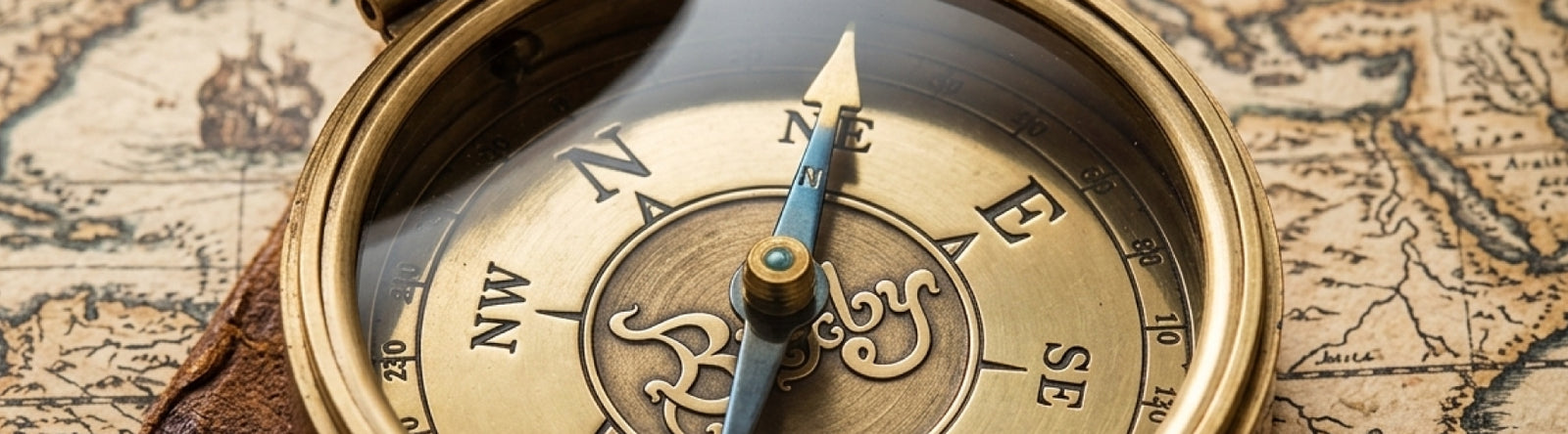 Golden compass with an arrow pointing towards the NE.
