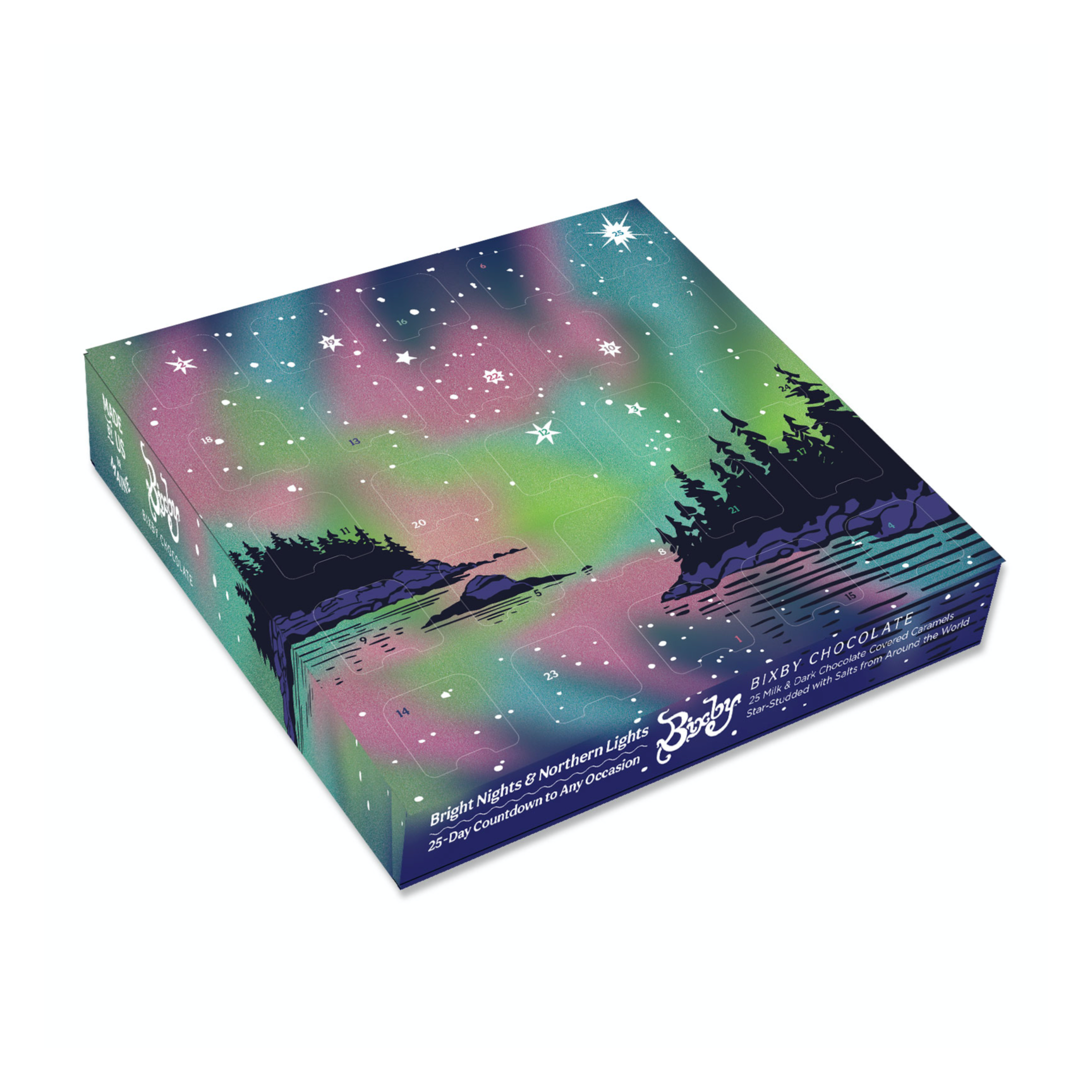 Colorful box with a design of a forest and sky on a white background