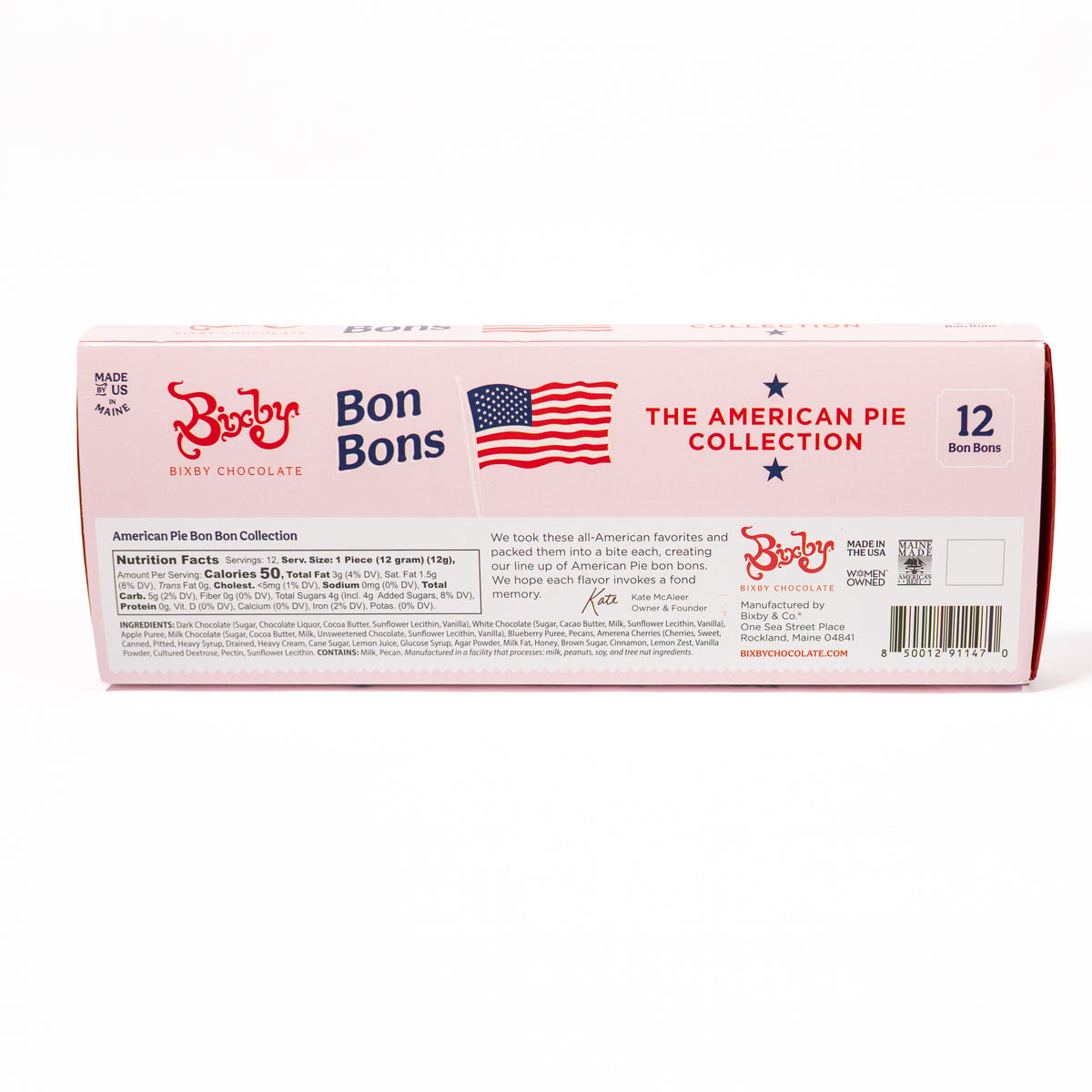 A pink box of Bon Bons Baby Chocolate from The American Pie Collection, showing the back of the packaging with product details, a barcode, and an American flag graphic on a white background.