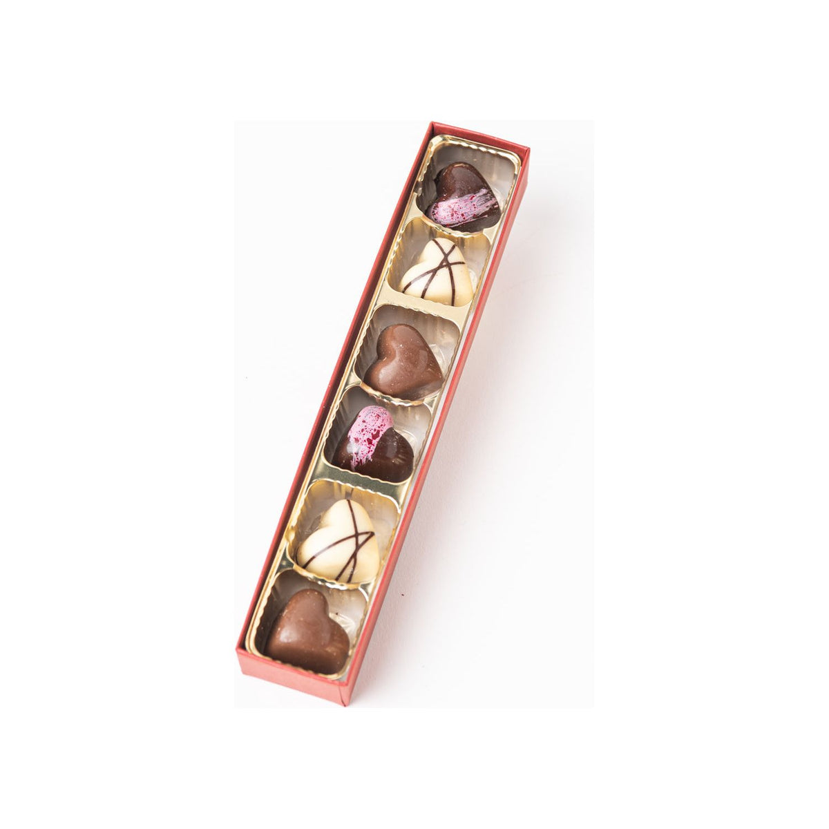 Bixby Chocolates’ 3 Months of Chocolate Heart Love features a rectangular box with six heart-shaped bon bons, each uniquely decorated in brown, cream, or pink and flavors like blood orange caramel and passion fruit ganache.